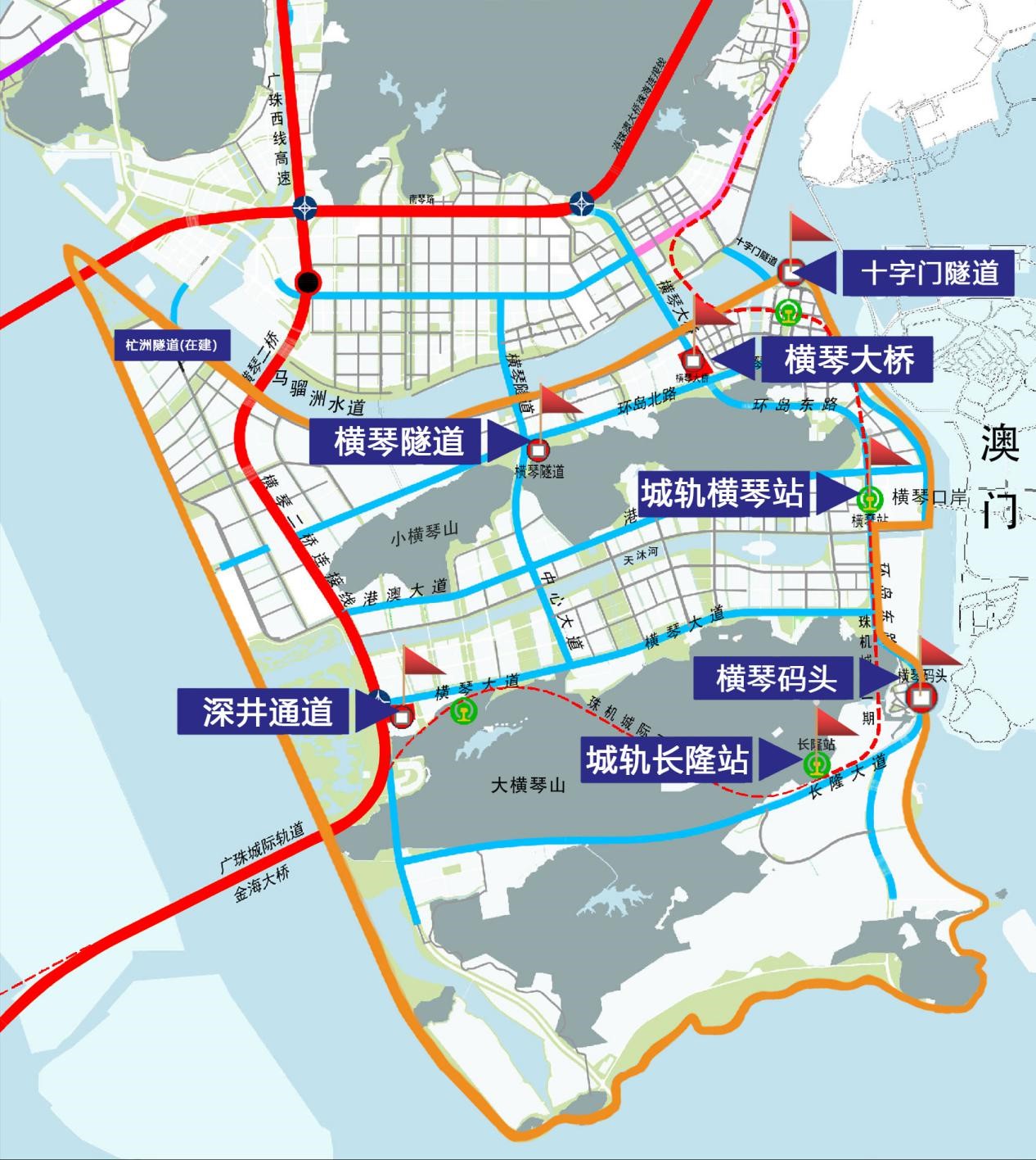 　　橫琴粵澳深度合作區(qū)“一線”“二線”示意圖。其中，“一線”主要是橫琴口岸；“二線”通道主要包括橫琴大橋、橫琴隧道、深井通道、橫琴碼頭、廣珠城軌延長線橫琴站及長隆站、十字門隧道（臨時出島）。橫琴粵澳深度合作區(qū)執(zhí)委會供圖。