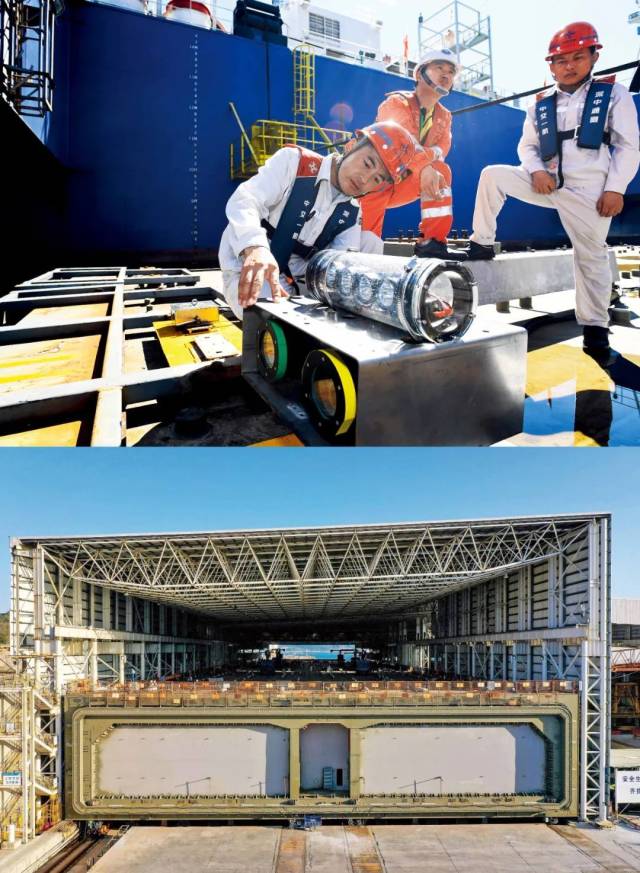 上圖：2022年7月22日，在“一航津安1”號(hào)沉管運(yùn)輸安裝一體船掛載的E19沉管上，測(cè)繪團(tuán)隊(duì)負(fù)責(zé)人（左一）為潛水員講解拆解水下雙目攝影定位設(shè)備的注意事項(xiàng)。下圖：2023年1月30日，中交四航局珠海牛頭島沉管智慧工廠，深中通道海底隧道最后一個(gè)管節(jié)（非標(biāo)準(zhǔn)管節(jié)、含最終接頭）。本版圖/新華社